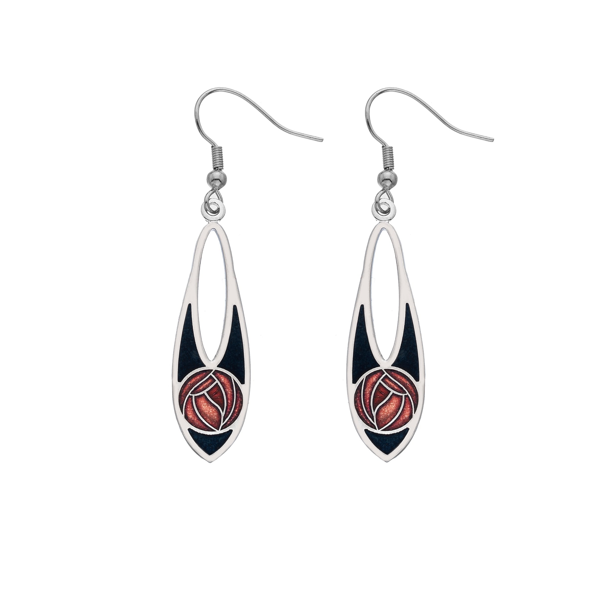 Black Teardrop Earrings with a Red Mackintosh Rose